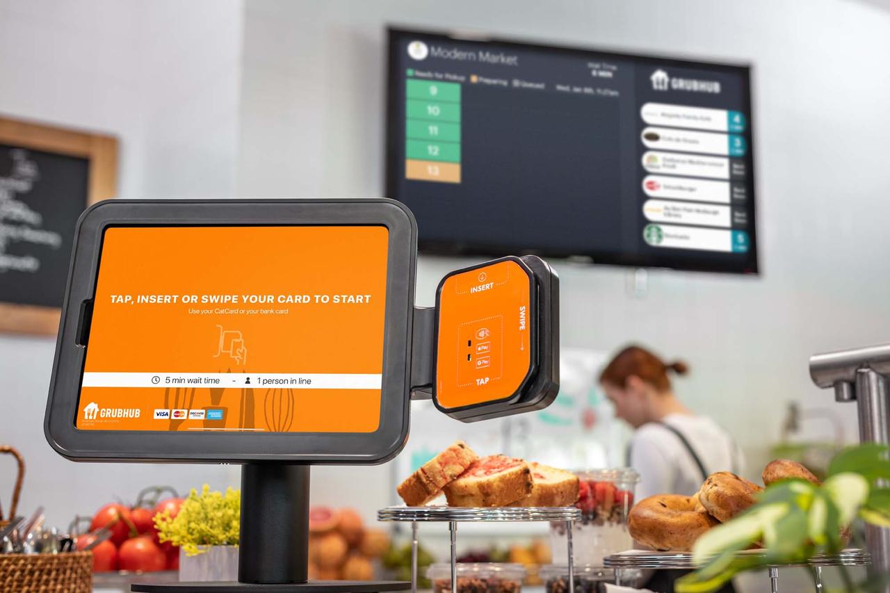 Menu and ordering kiosk at a campus dining restaurant